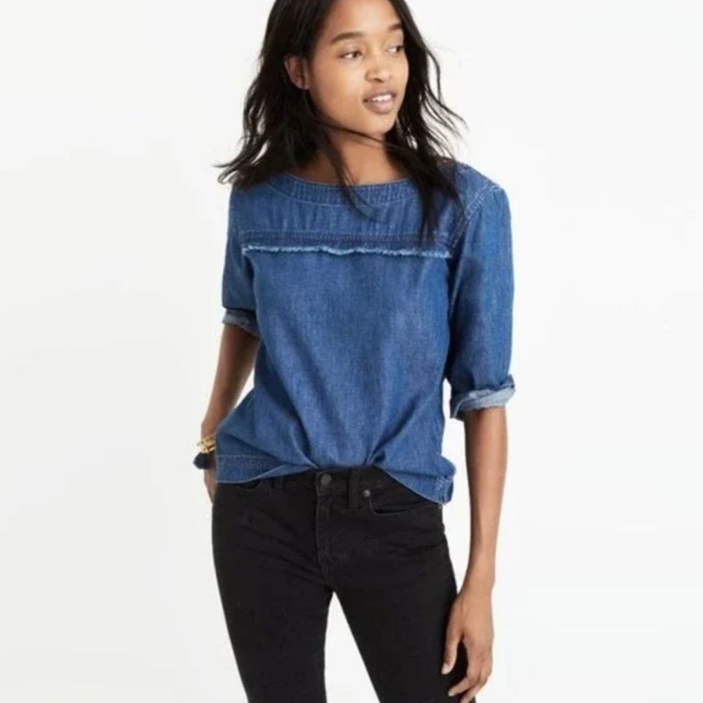 Madewell Blue Denim Herald Tee Fringe Front Chambray Spring Top Blouse SMALL
